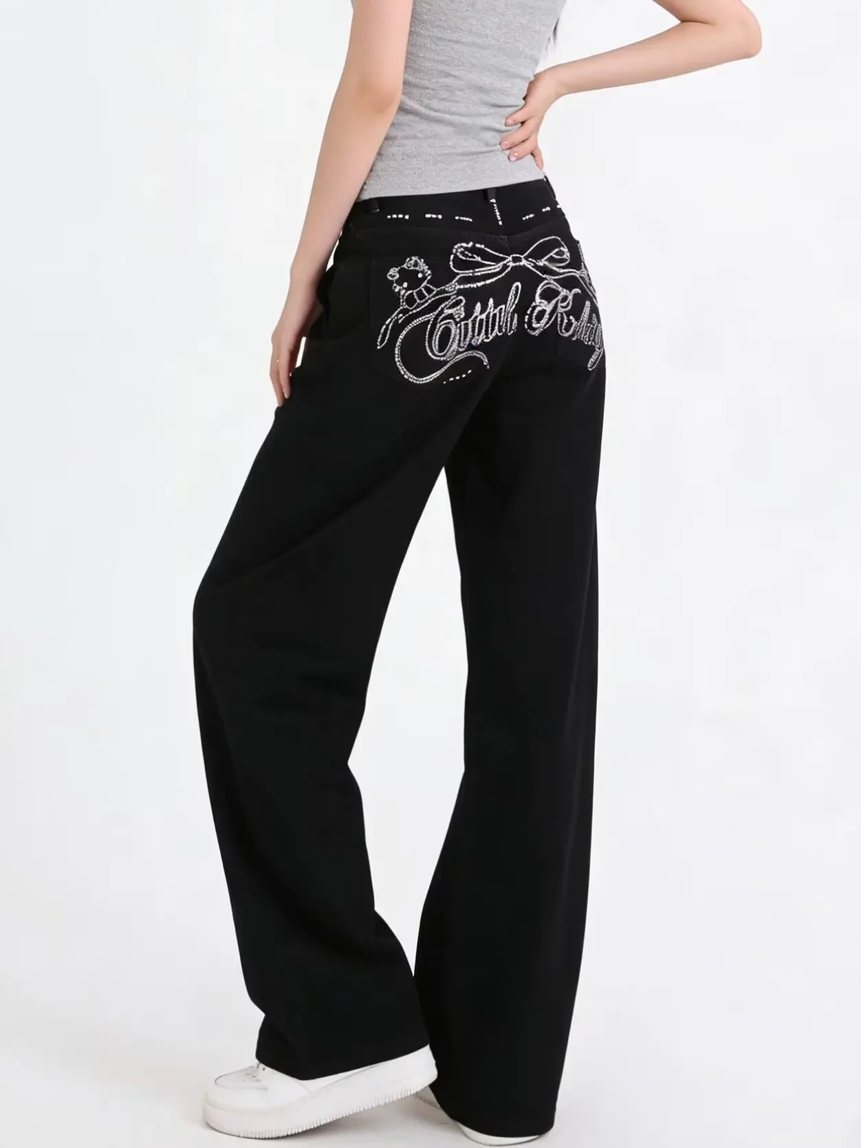 

Embroidered Letter Printed Jeans 2026 Spring Women New Style Sweet Cool Spicy Girl High Waist Temperament Wide-Leg Pants