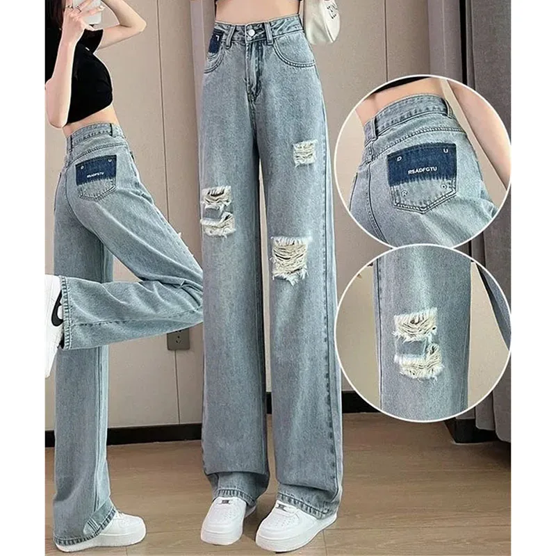 

Female High Waisted Straight Cylinder Hole Jeans Spring Women Wide Legs Ripped Denim Pants Lady Large Size 5XL Cowboy Trousers