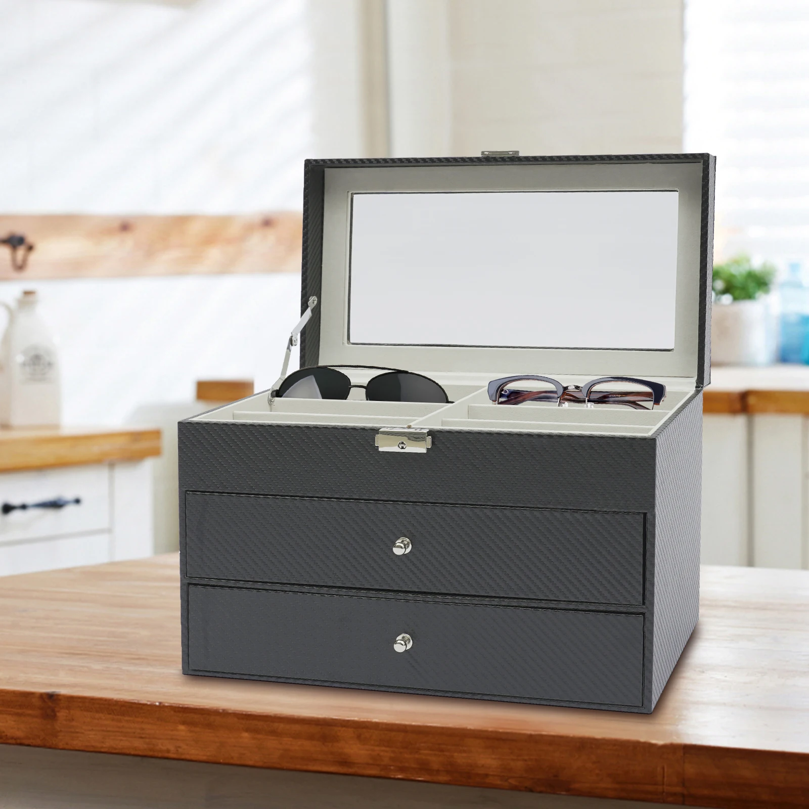 3 Layers 18 Slots Sunglasses Eyeglass Organizer Drawer Type Leather Black Display Case Storage Box