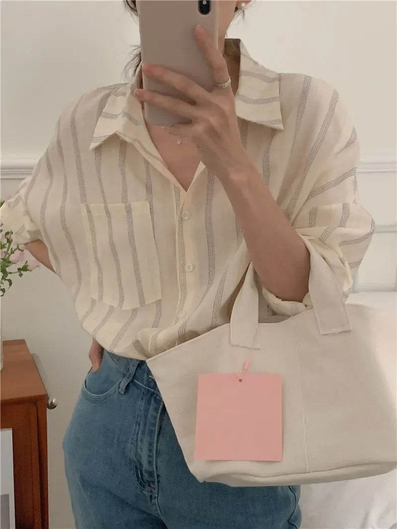 2025 New Spring Vintage Striped Women's Blouses Single Breasted Long Sleeve One Pocket Casual Loose Korean Shirts Female