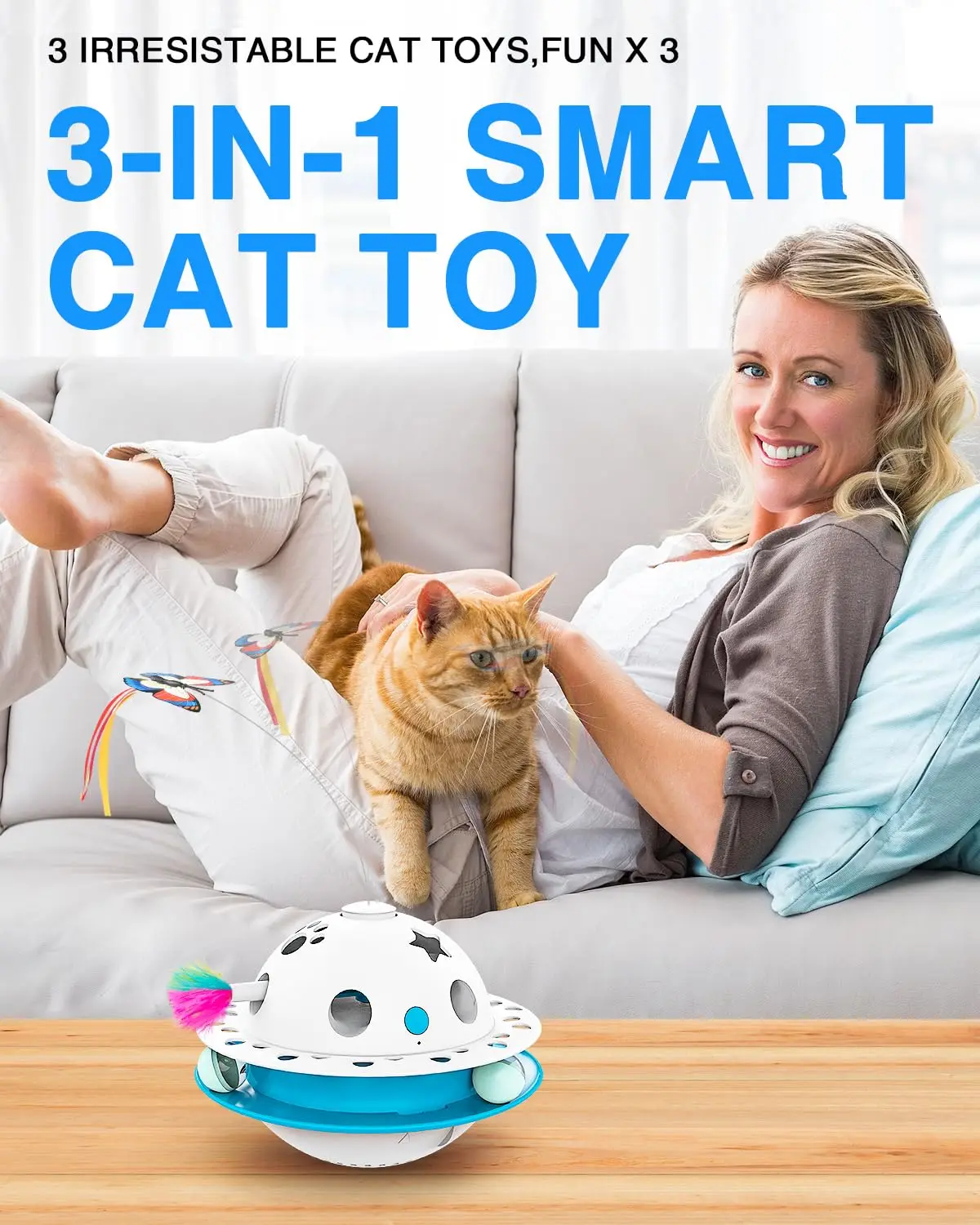 3 in 1 Smart Cat Toys, Fluttering Butterfly,Random Whack-A-Mole Mice, Dual Power Supplies,1 Pcs Catnip Balls, Auto On/Off (Blue)