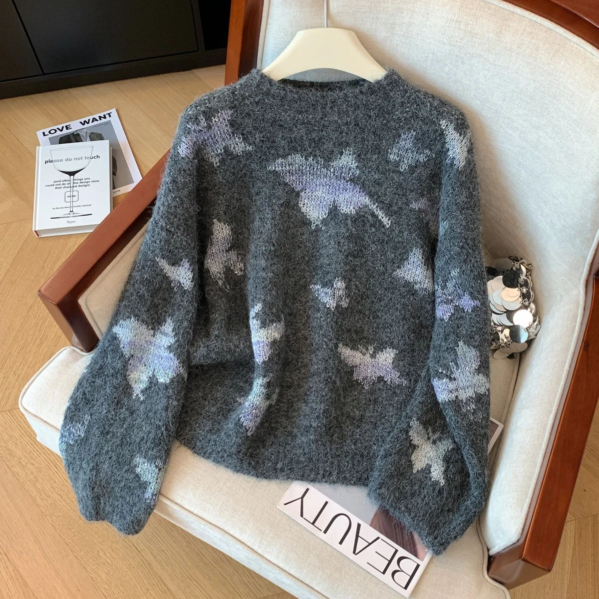 

Women Grey Knit Pullover Sweater Vintage O-Neck Jumper Knit Long Sleeves Jacquard Cashmere Sweater Autumn Winter 2000s Clothes