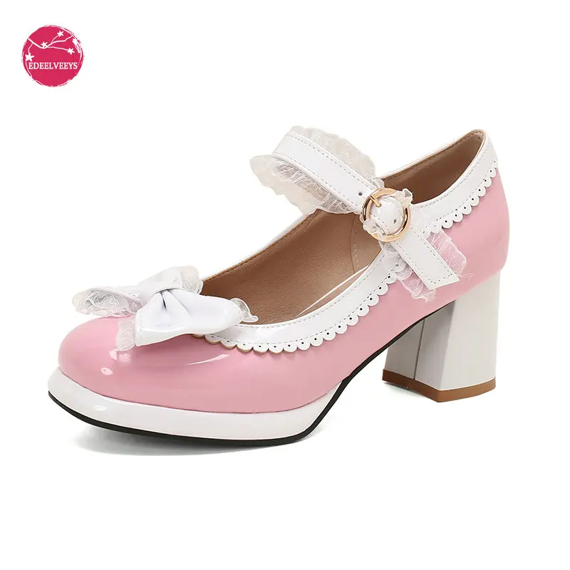 Women Sweet Lolita Shoes Kawaii High Block Heel Mary Jane Rockabilly Pumps with Elegant Lace Cute Bowknot Platform Chunky Heels