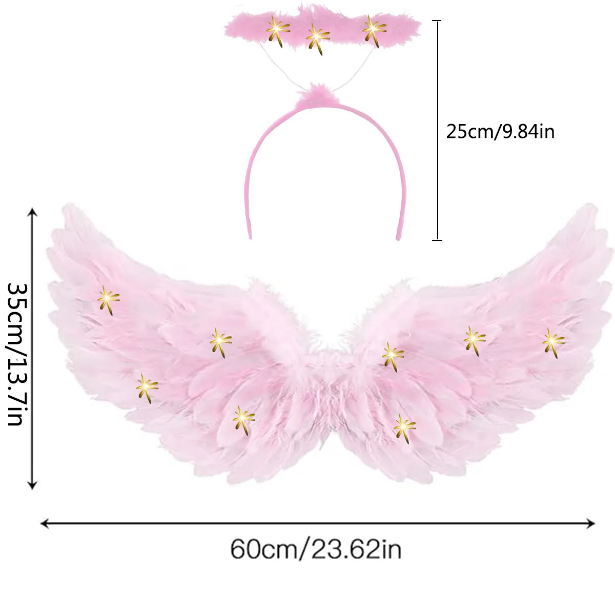 Ailes D'Ange LED Enfant 60cm Avec Halo Et Baguette - Déguisement Fée Lumineux Pour Filles 2-12 Ans