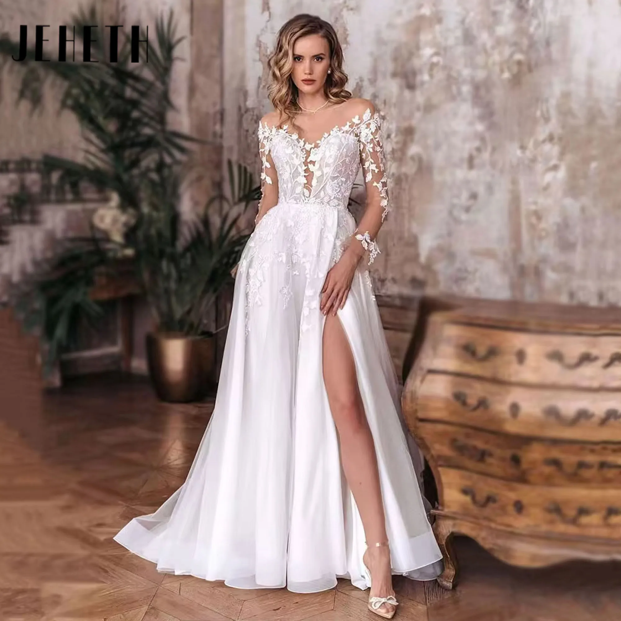 

JEHETH Elegant Wedding Dress Civil Luxury Appliques Side Split Bridal Gown Long Sleeve Boho Scoop Neck Vestidos De Noiva Customi