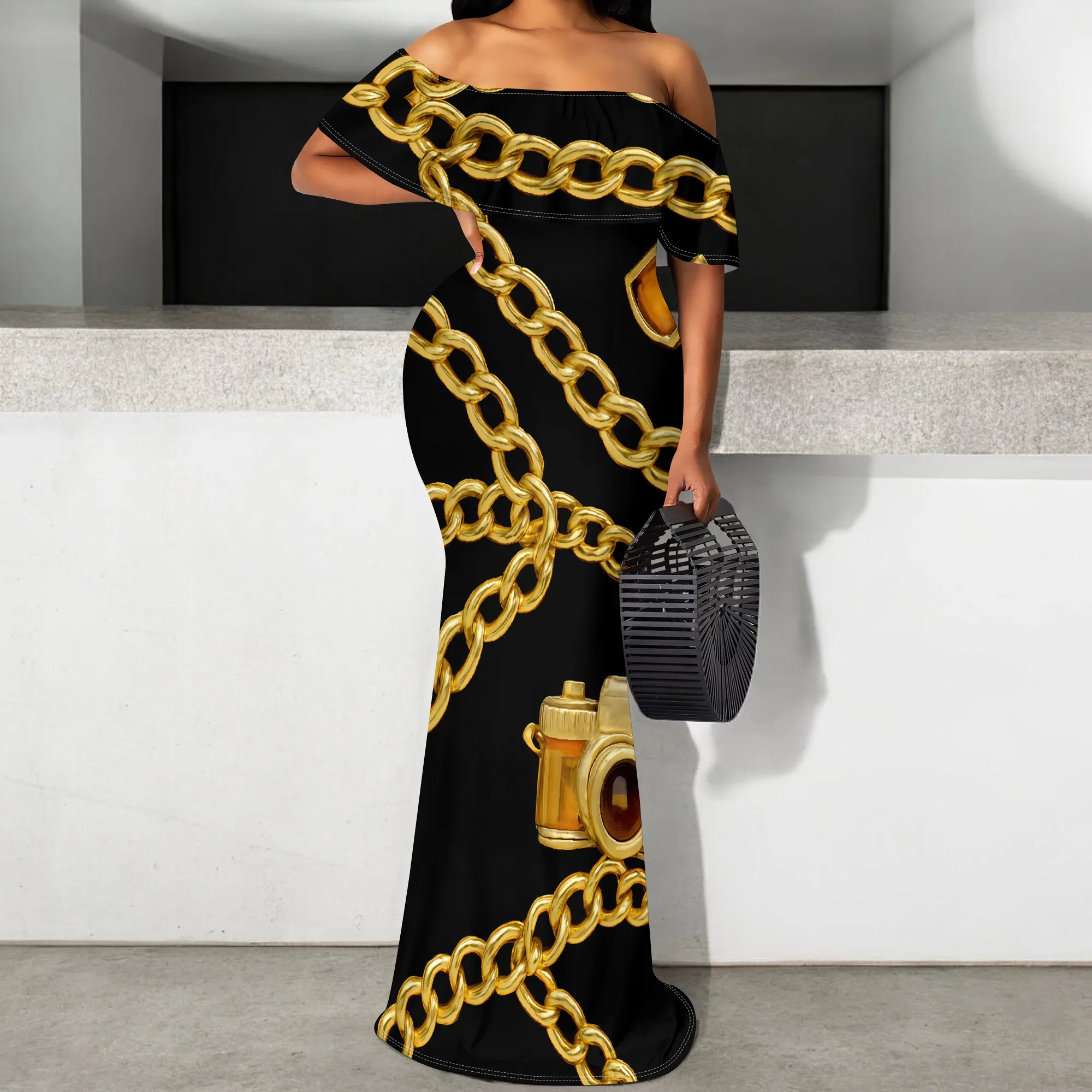 

Women's Off Shoulder Maxi Dress Gold Chain Print Slim-Fit Bodycon Mermaid Dress S-3XL