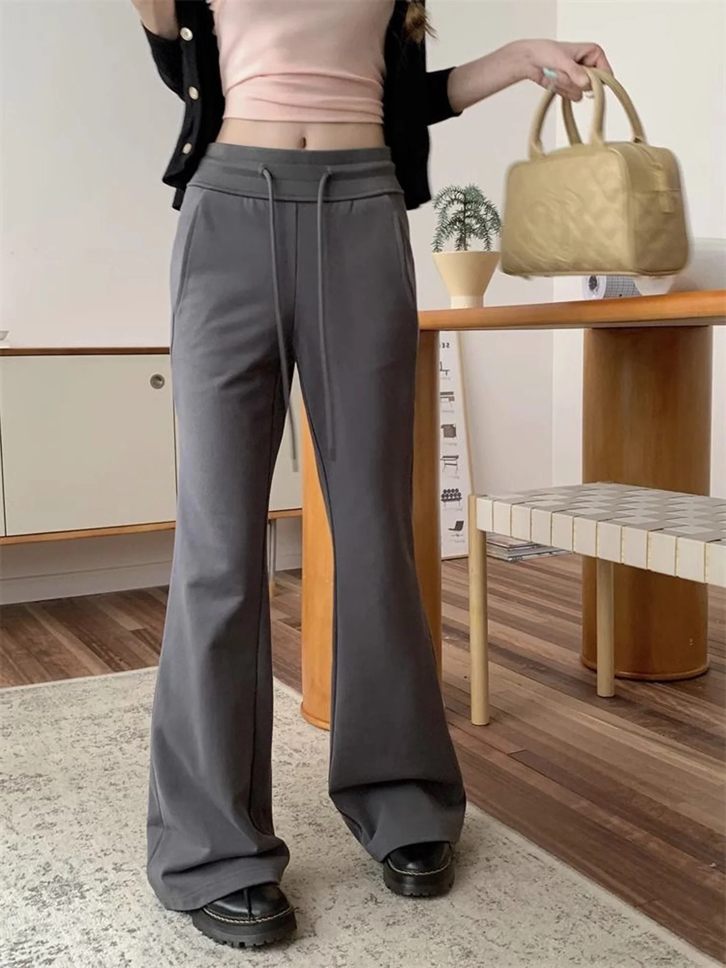 Retro Korean Style Women's Casual Pants Low Waist Drawstring Sporty Sweatpants Slim Straight Leg Micro Flared Long Trousers