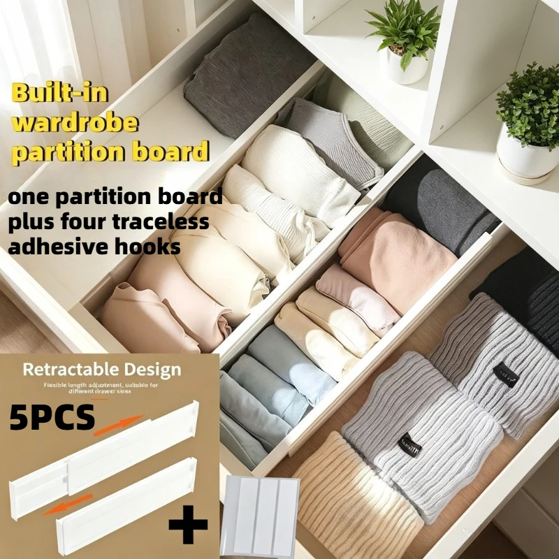 5PCS Adjustable Drawer Divider Set, Plastic Expandable, No-Drill, for Deep/Shallow Drawers, Underwear Socks Kitchen Desk Storage