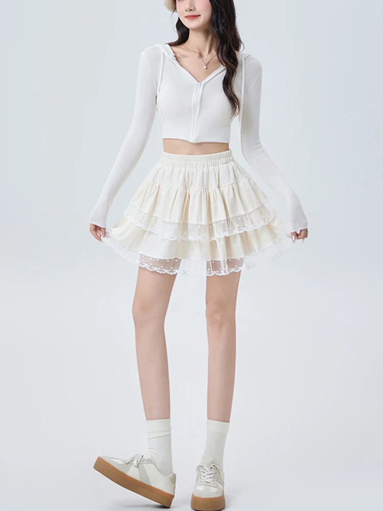 Y2K Fluwelen Taartrok Vrouwen Hoge Taille Balletstijl Kanten Rand Pluizige Korte Rok Herfst Winter Afslanken Een Lijn