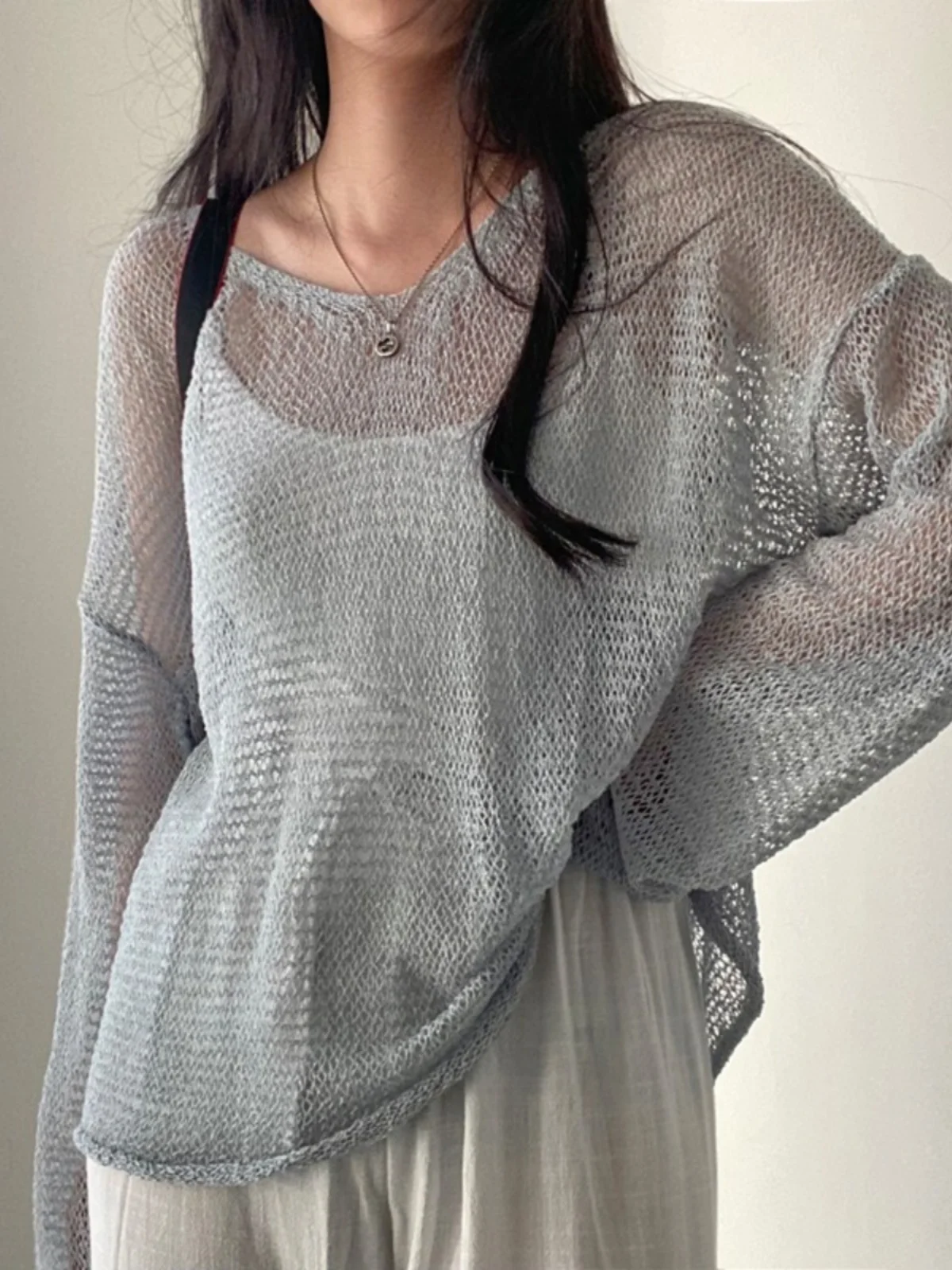 Korean Sle Uneven Knitted Hollow out Top Women's Spring Thin Casual Loose Lazy Sle Semi-Transparent Long Sve irt