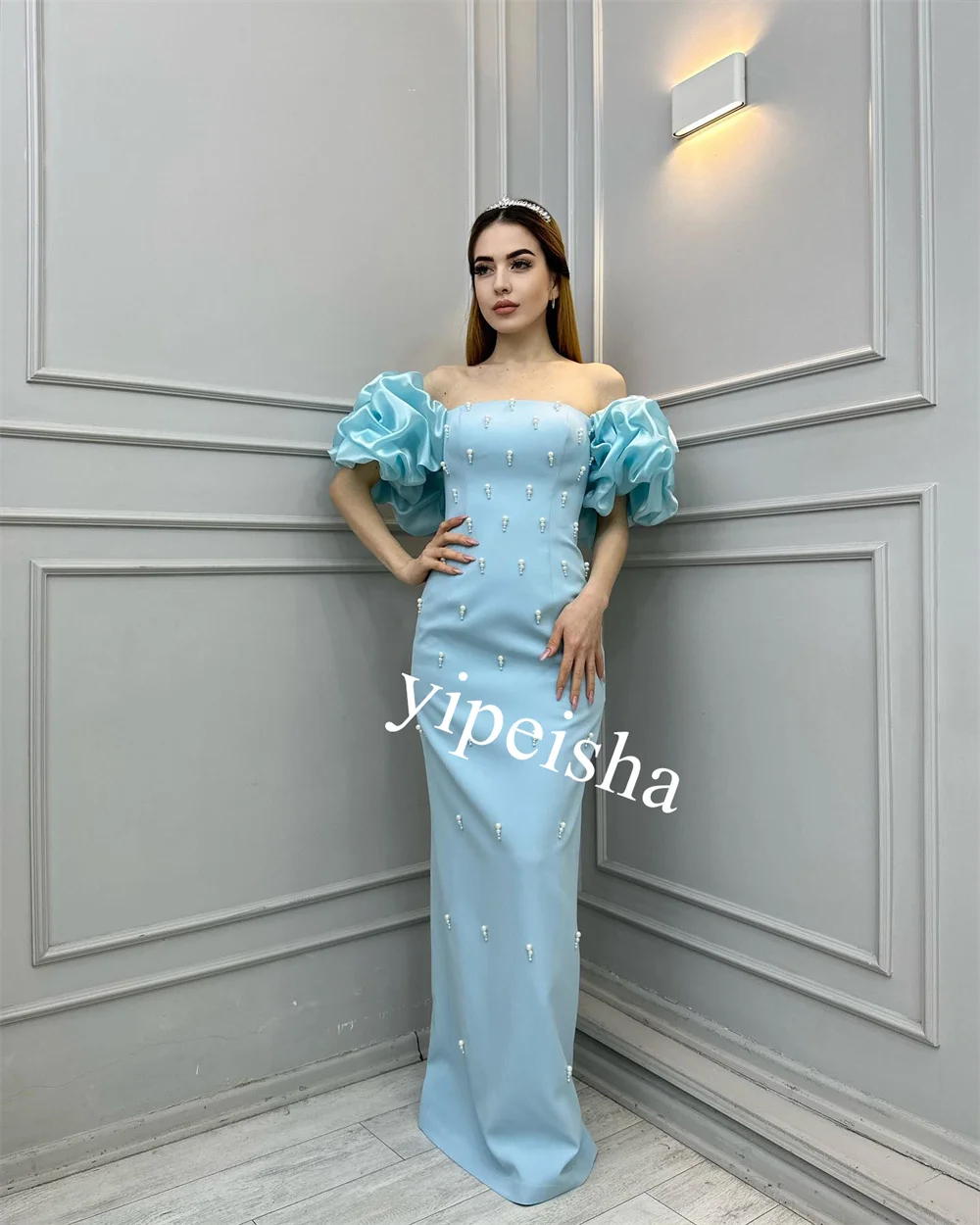 Customized  Jersey Pearl Ruffle Valentine's Day Sheath Off-the-shoulder Bespoke Occasion Gown Long Dresses Saudi Arabia