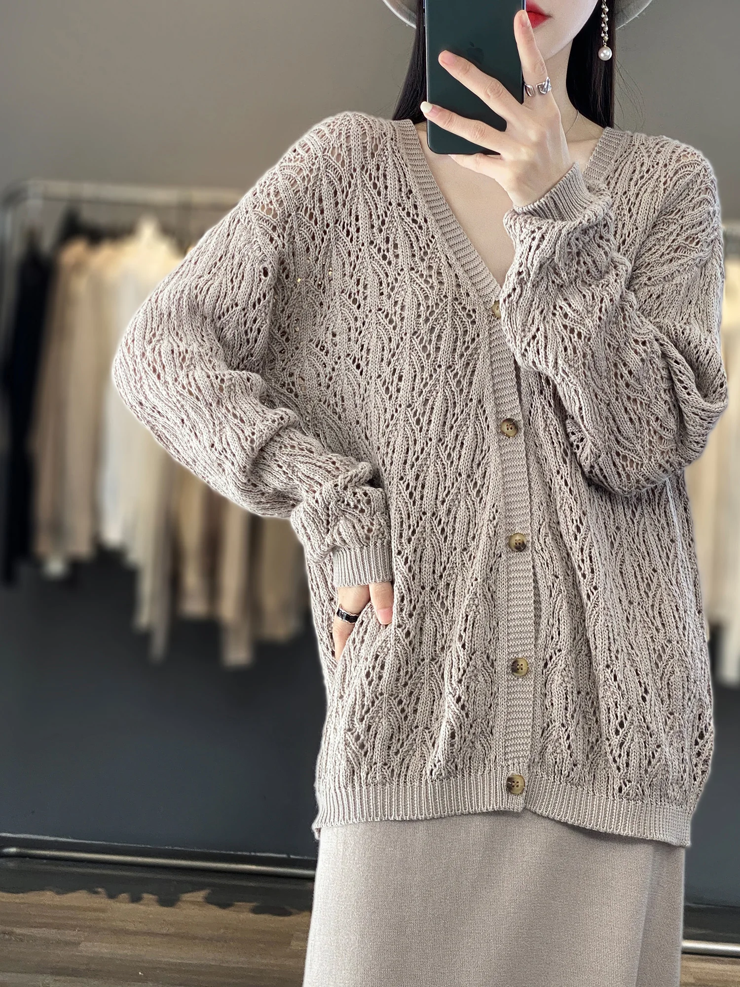 Spring 100% cotton knitted sweater women's loose and comfortable hollow-out sweater women's college casual long knitted Korean