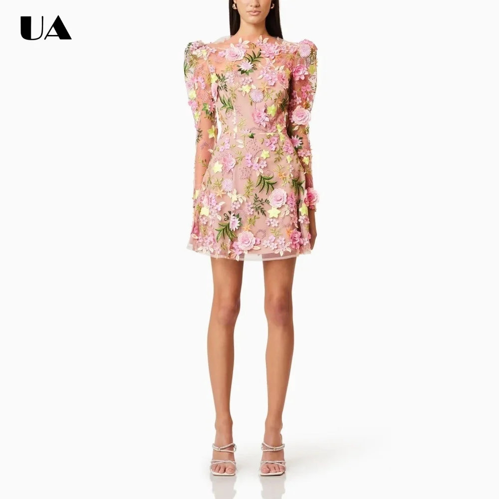 

Summer New O-neck 3D Flower Mini Dress, Trendy Long Sleeve Short Dresses for Women, Fashionable Embroidered Cocktail Party Dress