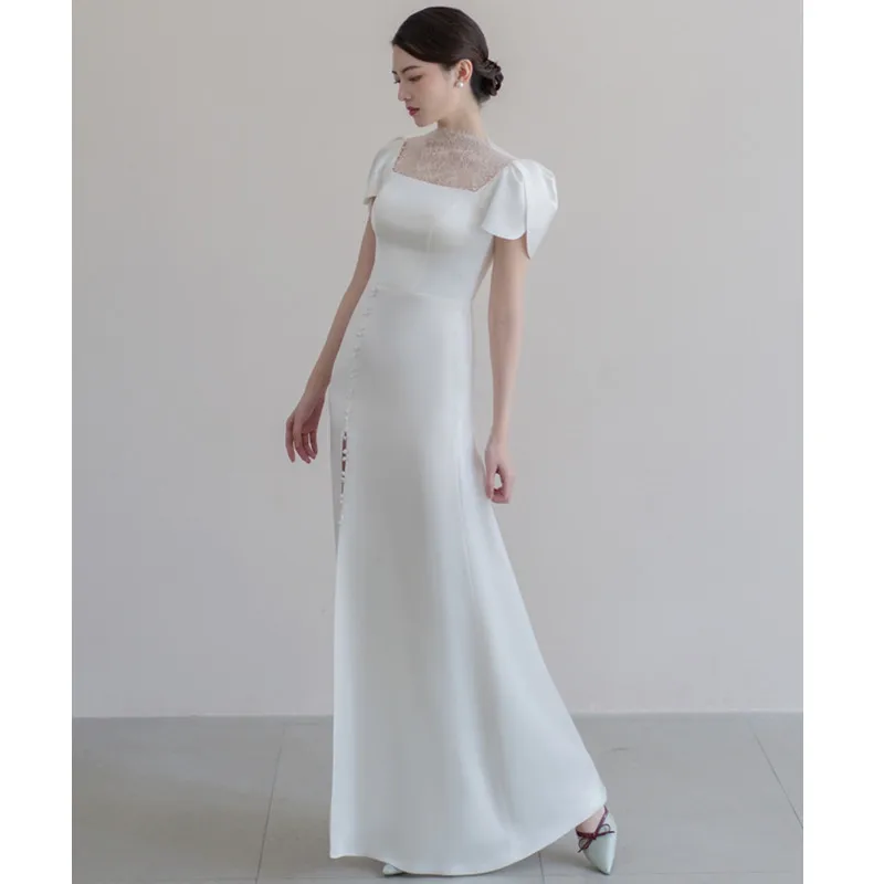 

French Style Light Wedding Dress Satin Simple Travel Shoot Floor-Length White Slimming New Bride Wedding Dress Summer