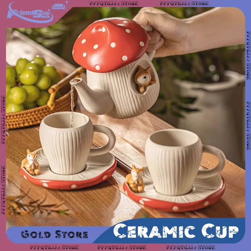 Cartoon Ceramic Cup with Lid Red Mushroom Coffee Mug Milk Cup Water Kettle Tableware Home Teapot Birthday Gift Kitchen Utensils