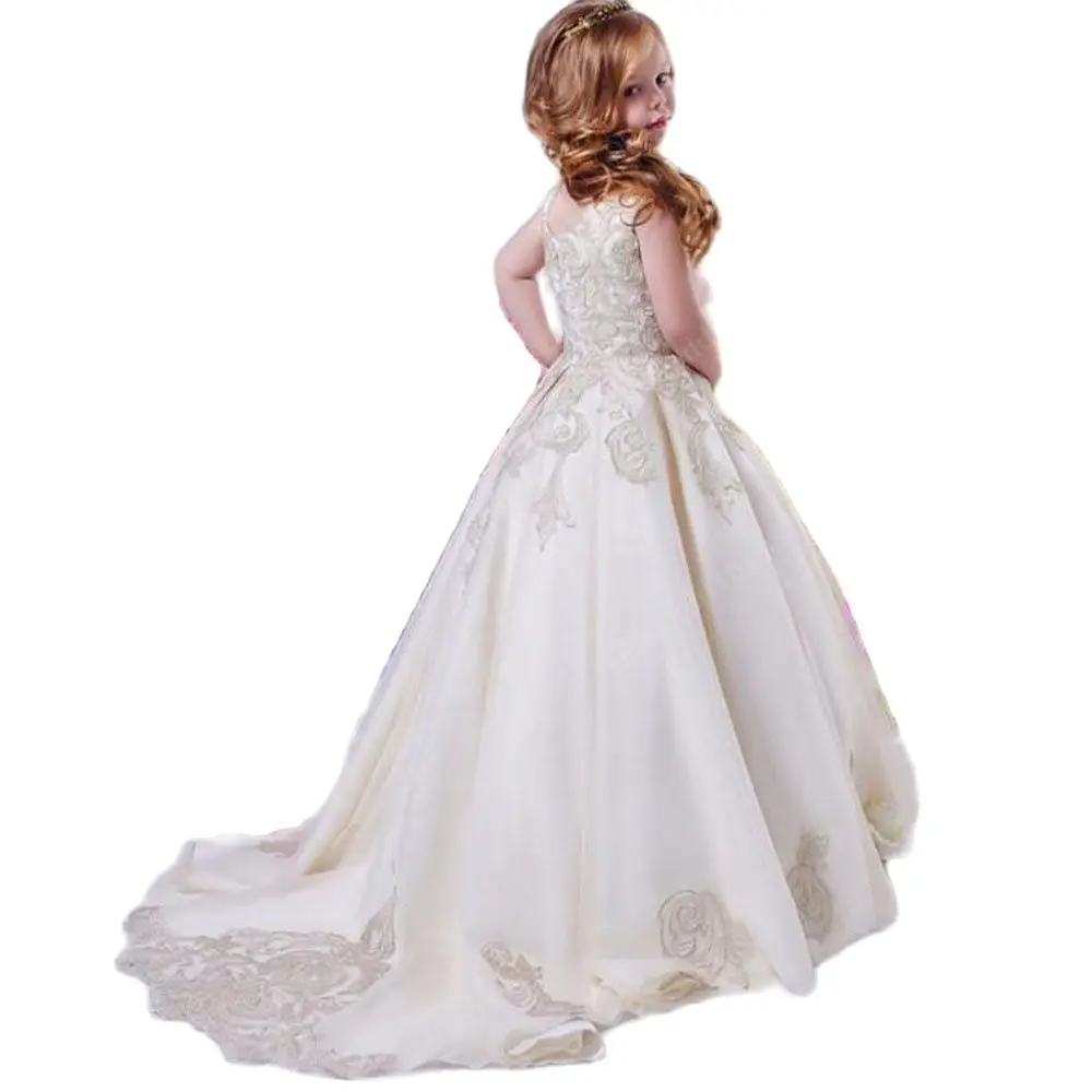 2-14 Years Lovely Floral Lace Flower Girl Dresses Girls Pageant Ball Gowns Long Train Beautiful Little Kids Formal Party Wear