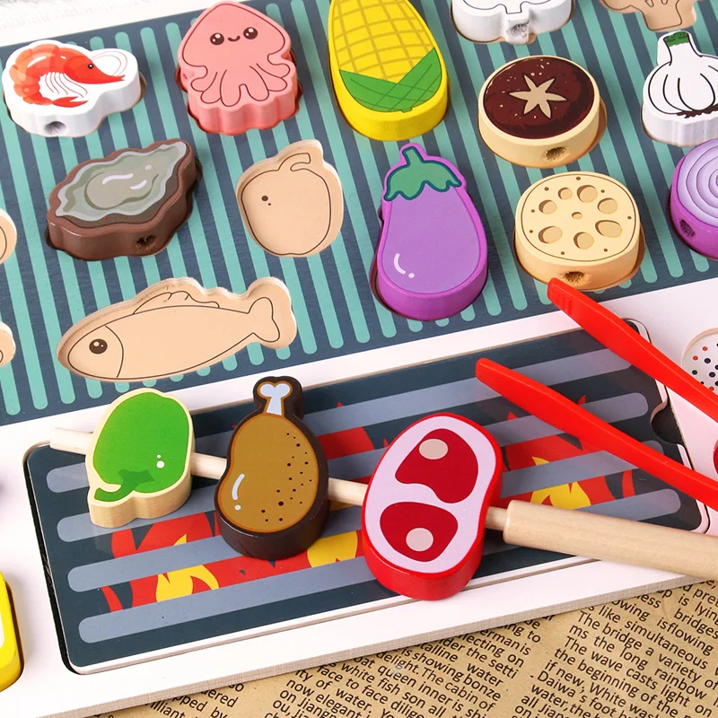 Children's Wooden Imitation Barbecue Grill Toy For Role-Playing Home Cooking And Food Recognition Available In Two Styles