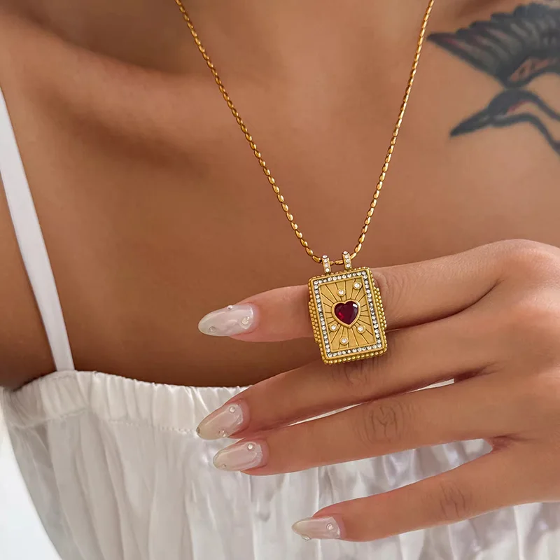 Tarot Zodiac red cz stone tag pendant necklaces for women vintage square necklaces minimalist dainty stainless steel jewelry