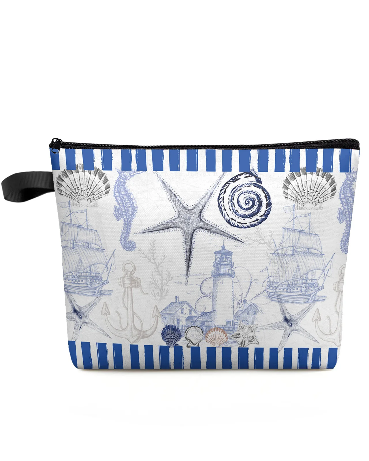 Marine Stripes Ocean Shells Starfish Lighthouse Anchor Cosmetic Bag Portable Makeup Storage Pouch Women Waterproof Pencil Case