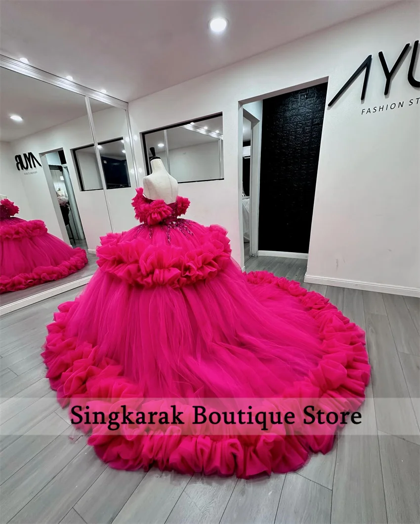 Vestidos de quinceañera de princesa fucsia de lujo, vestido de baile con volantes, cuentas escalonadas, perlas, fiesta de cumpleaños para niñas del siglo XVIII, personalizado, 2025