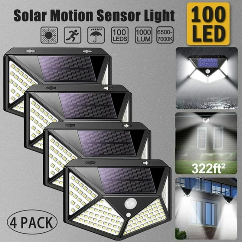 

Set of 4, Solar Lights Outdoor, 3 Lighting Modes, 100 LEDs, Motion Sensing Wall Light, Weatherproof for Yard, Stairs, Garage