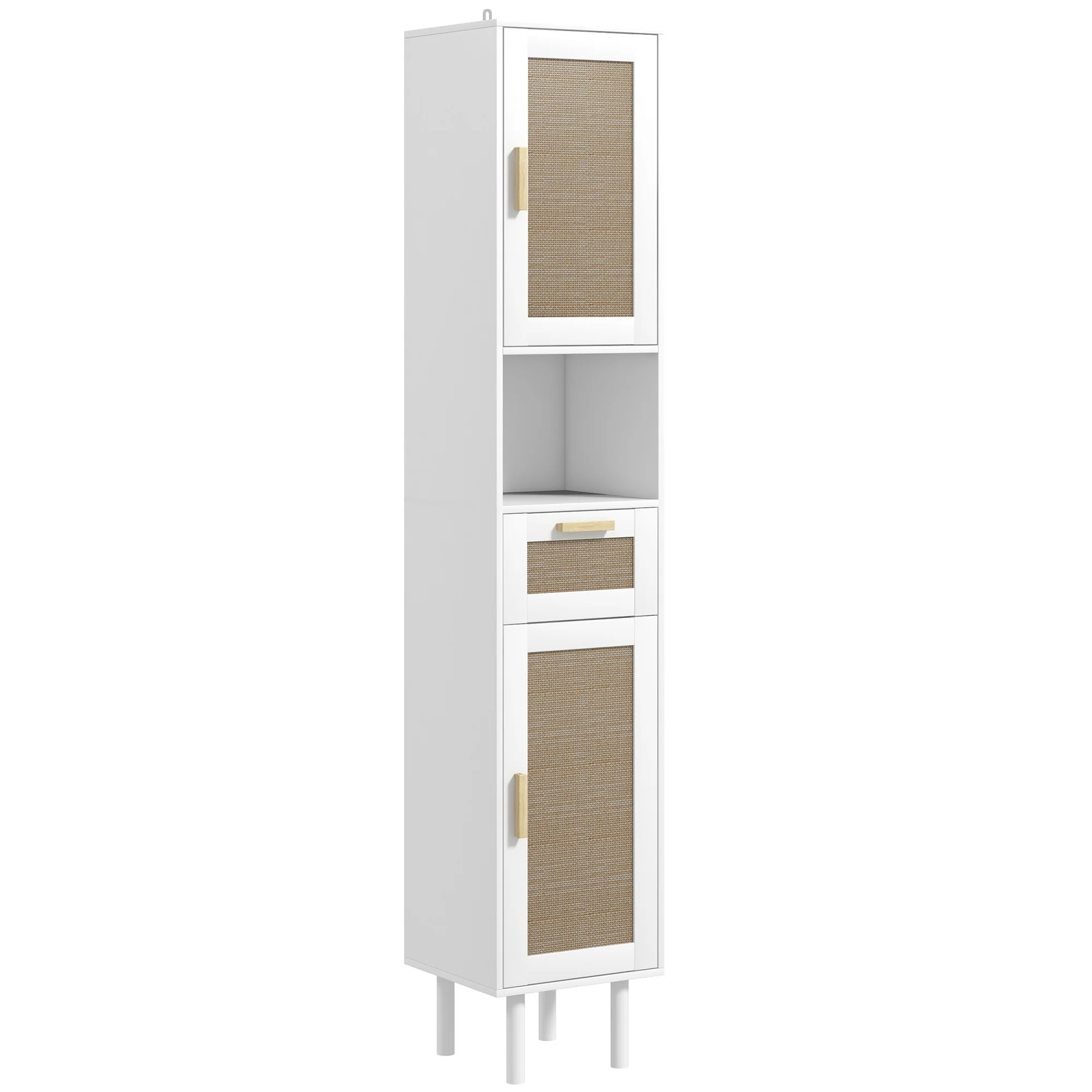 Homcom Tall Bathroom Storage Cabinet with Rattan Doors, Freestanding Bathroom Cabinet with Open Shelf, Drawer, White