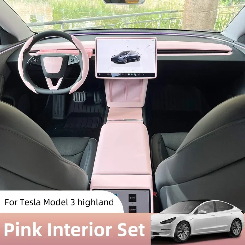 Pink Interior for Tesla Model 3 Highland Center Console Storage Box Sticker Steering Wheel Rear Screen Cover Screen Protector