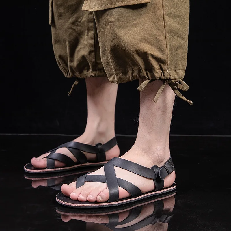 Genuine Leather Men Sandals Summer Retro Rome Sandals Design Open Toe Sandal Men Casual Flat Sandals Handmade Cowhide Sandalias