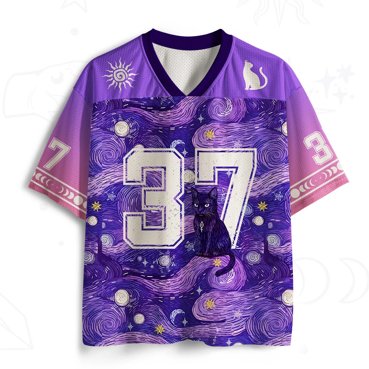 Van Gogh Starry Night Wind Black Cat Shirt Purple Tone Starry Sky Vortex Starry Moon Children's and Women's Mesh Short Sleeves