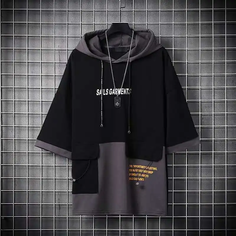 Summer T-shirt Men Oversized Short Sleeve Print T-shirt Hooded Casual Patchwork Sports Fitness Men Women T-shirt Plus Size Tops