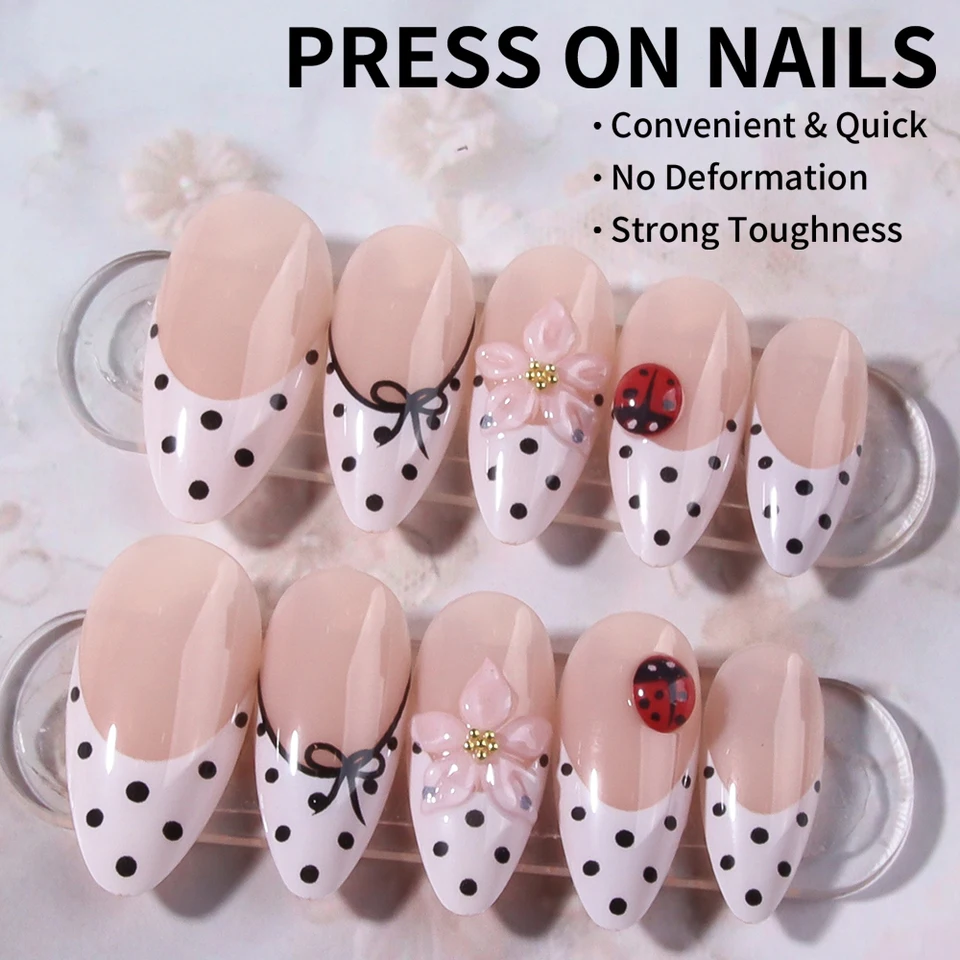 Set de 24pcs uñas press-on cortas ovaladas con flores 3D de gel, mariquitas y diseño de lunares, punta francesa acrílica 3