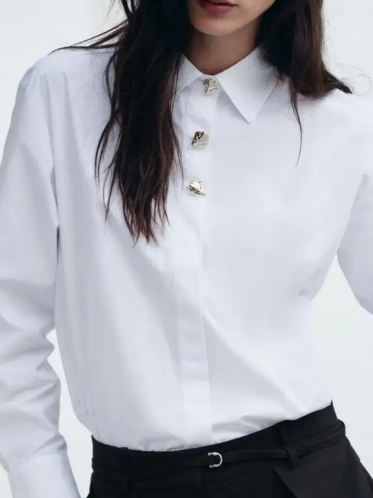 Women Casual Spring Summer Elegant Poplin Long Sleeve White Shirt Office Lady Vintage Loose Fit Gold Buttons Shirts And Blouses