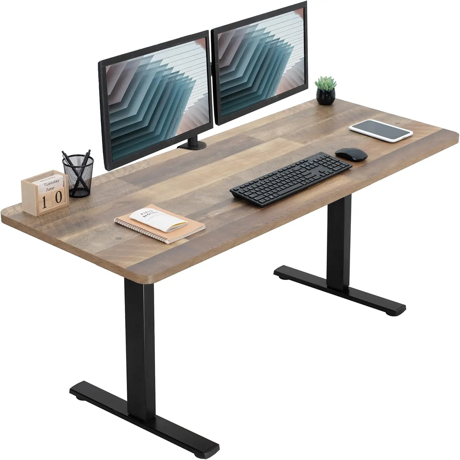 Electric height adjustable 60 x 24 inch memory standing desk, recycled wood solid all-in-one desktop, black frame