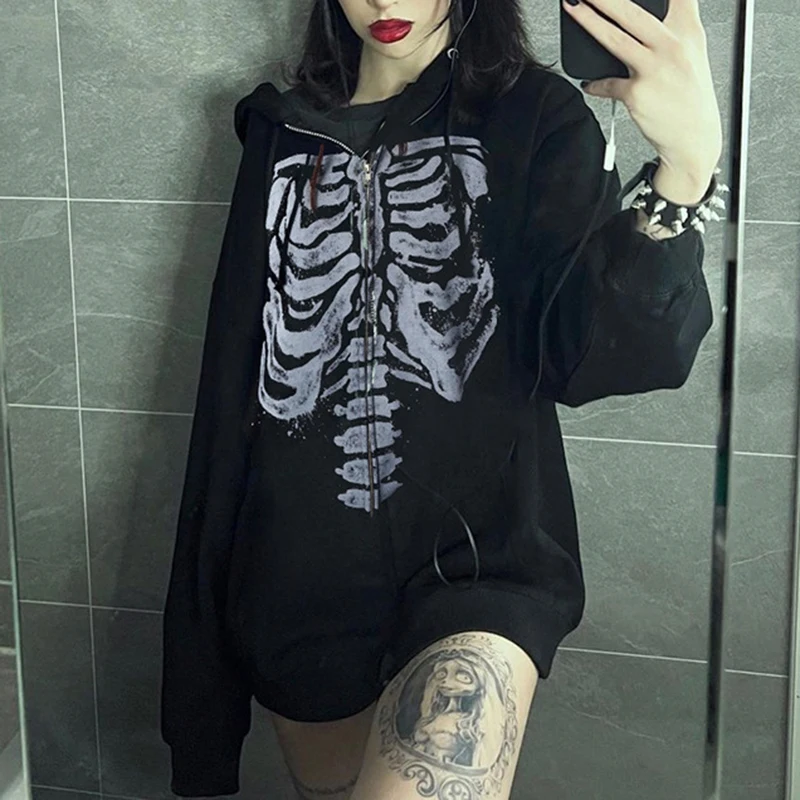 

Skeleton Zip Up Hoodie Jacket E Girl Dark Academia Gothic Black Sweatshirt Y2K Aesthetics Grunge Mall Goth Autumn Coats Outwear