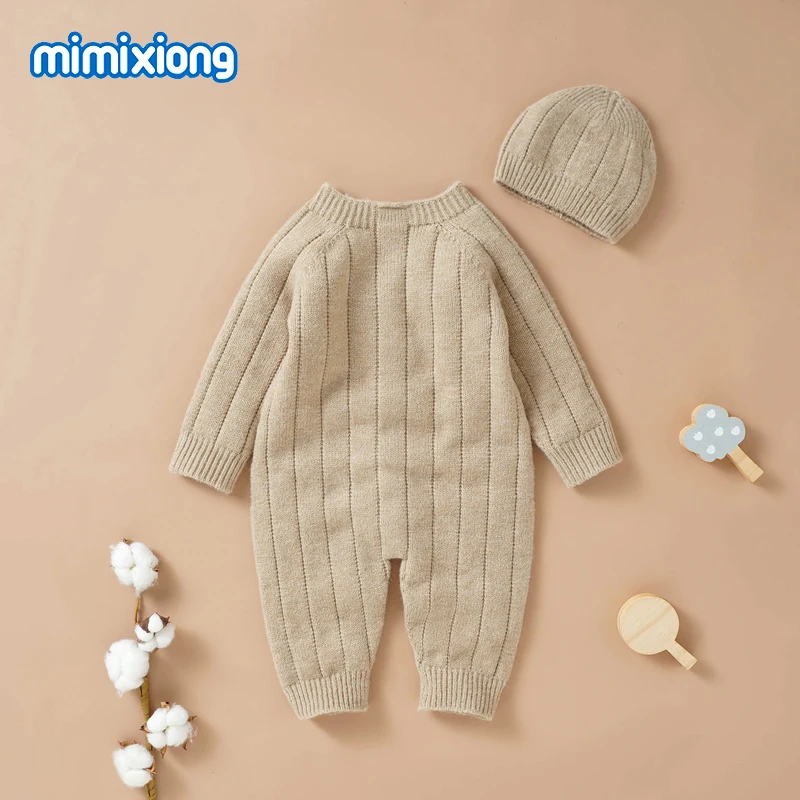 Baby Rompers Hats Clothes Set Autumn Solid Plain Knitted Newborn Boys Girls Long Sleeve Jumpsuits Outfits Winter Toddler Sweater