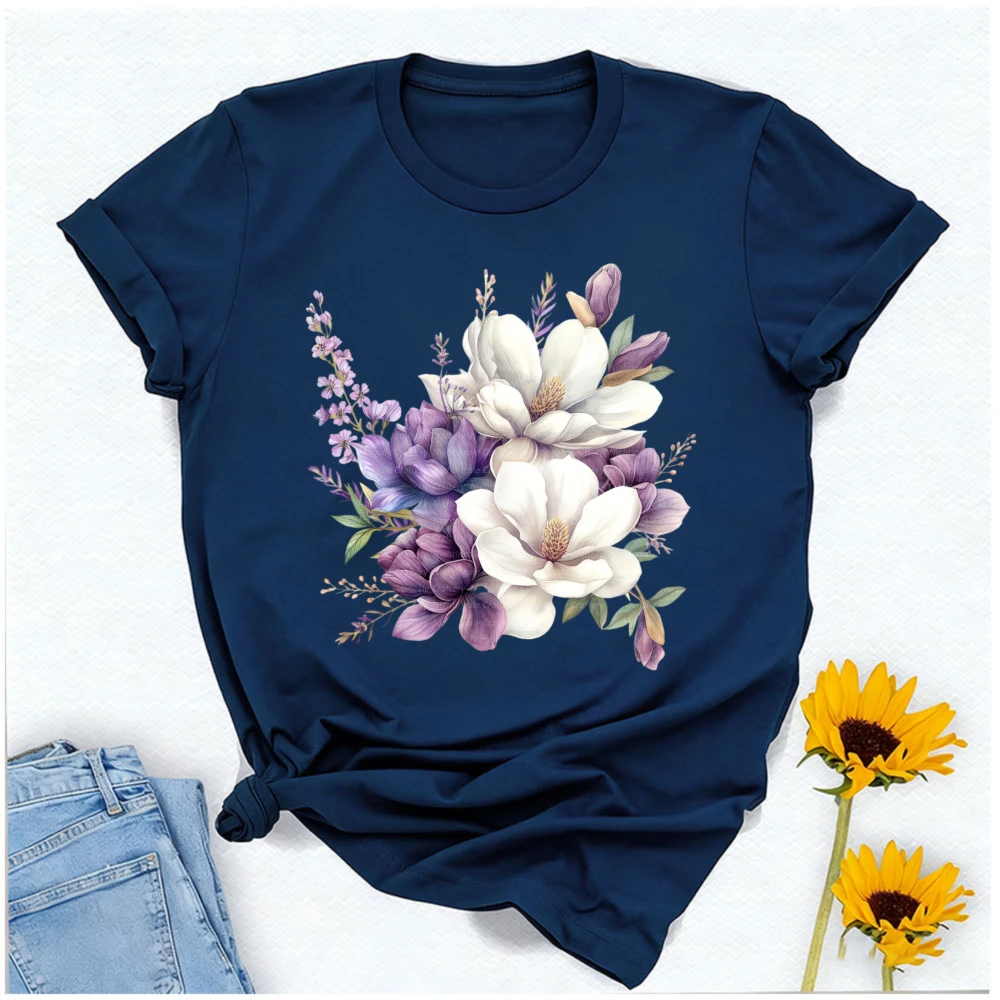 Purple Flowers Bouquet Violet Floral Printable Watercolor Clipart High Quality Paper Craft Journal Casual Regular Short Sleeve