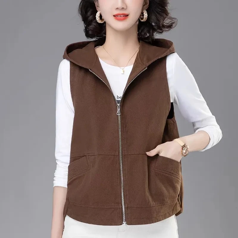 Spring Autumn Women's Vest Coats 2024 New Solid Sleeveless Short Jacket Female Hooded Waistcoat Tops Outerwear Chaleco Mujer 4XL