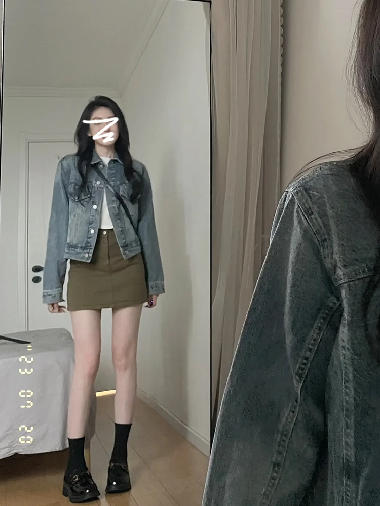 เสื้อแจ็คเก็ตยีนส์สไตล์อเมริกันสำหรับผู้หญิง ไซส์พลัส ลำลอง สไตล์อเมริกัน เสื้อคลุมอเนกประสงค์ สไตล์เรโทร กลิ่นอายฮ่องกง เก๋ไก๋