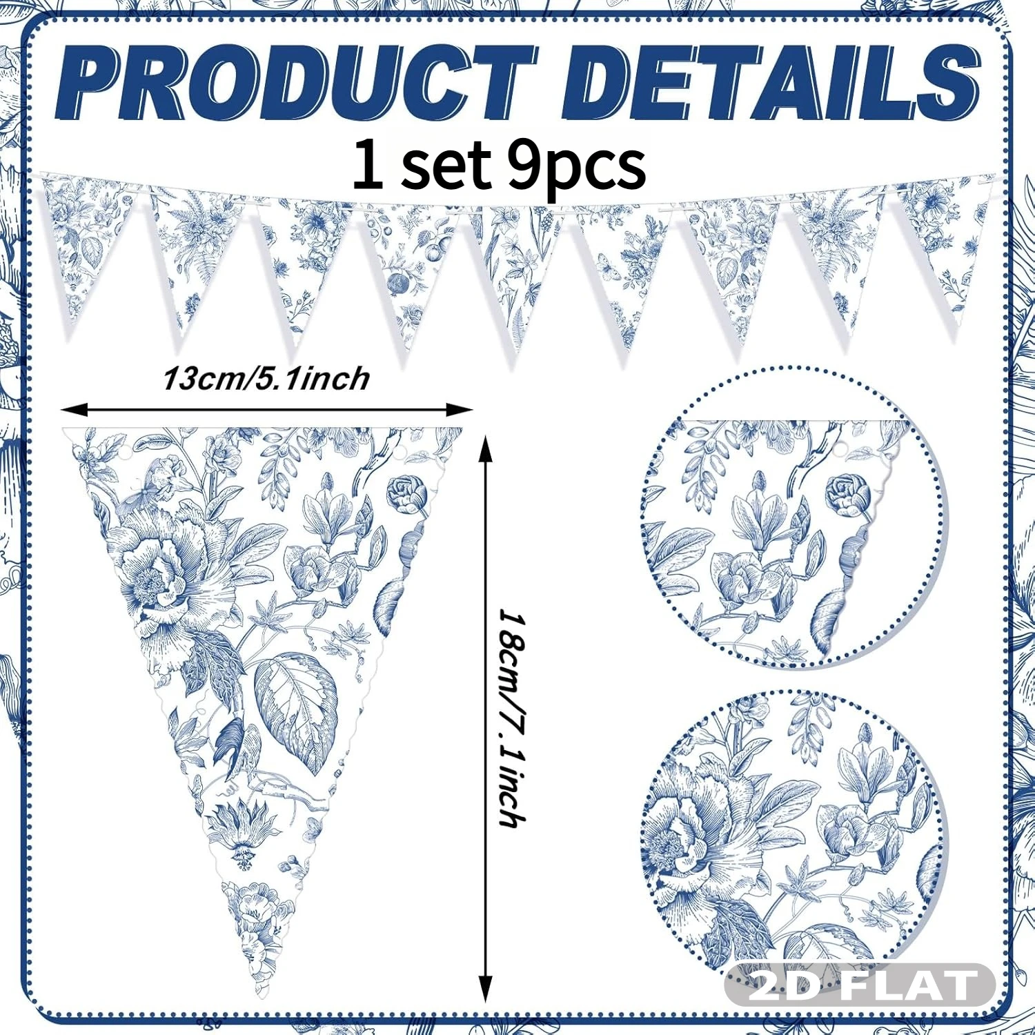 2D FLAT 1 Set 9 Pcs Blue White Vintage Floral Hanging Ornaments Polyester 13x18cm/5.1x7.1 Inch Wedding Garland Triangle Banner