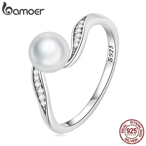 BAMOER 925 Sterling Silver Quality Shell Pearl Ring Geometric Ring Pave Setting CZ for Women Birthday Gift Fine Jewelry BSR304