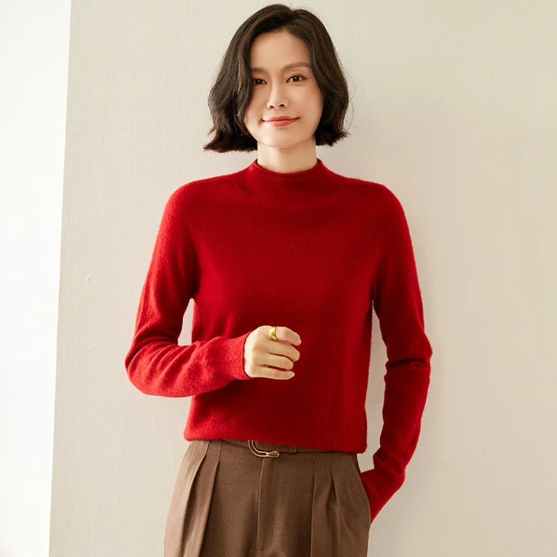 Autunno Inverno Nuove donne lavorate a maglia maglione di cashmere 100% colore puro collo mezzo alto camicia con fondo allentato pullover casual con bordo arrotolato