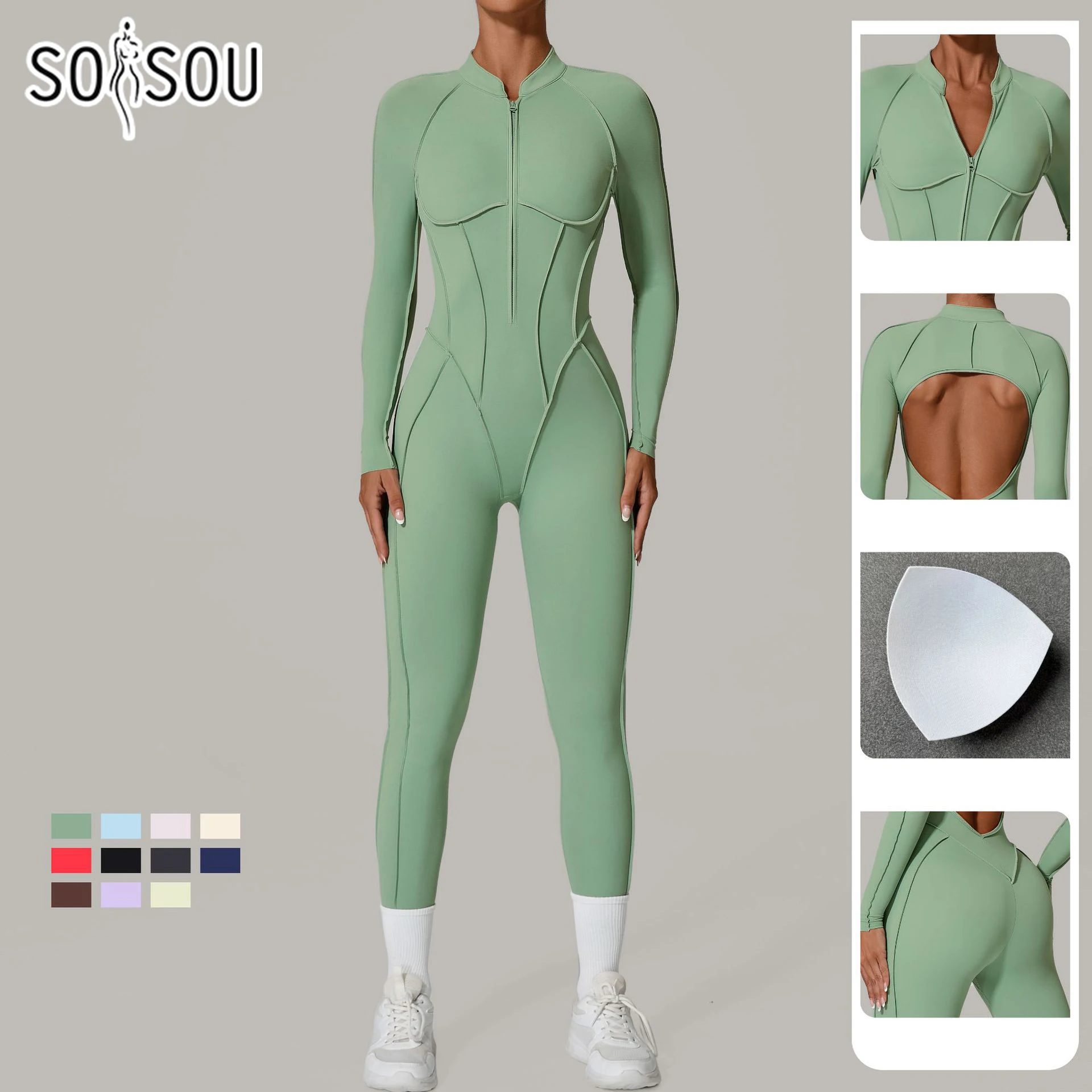 

SOISOU Nylon Jumpsuit Women's Sport Yoga Fitness Set with zipper & chest cushion Bare Back High elastic soft fabric Gym Bodysuit