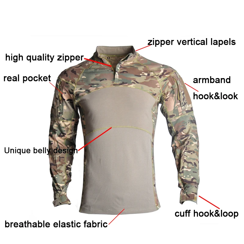 HAN WILD-Camisas de Combate Tático de Manga Comprida Masculina, 1, 4 Zíper, Bolsos Ripstop, Camisetas de Trabalho Policial, Pulôver Tops