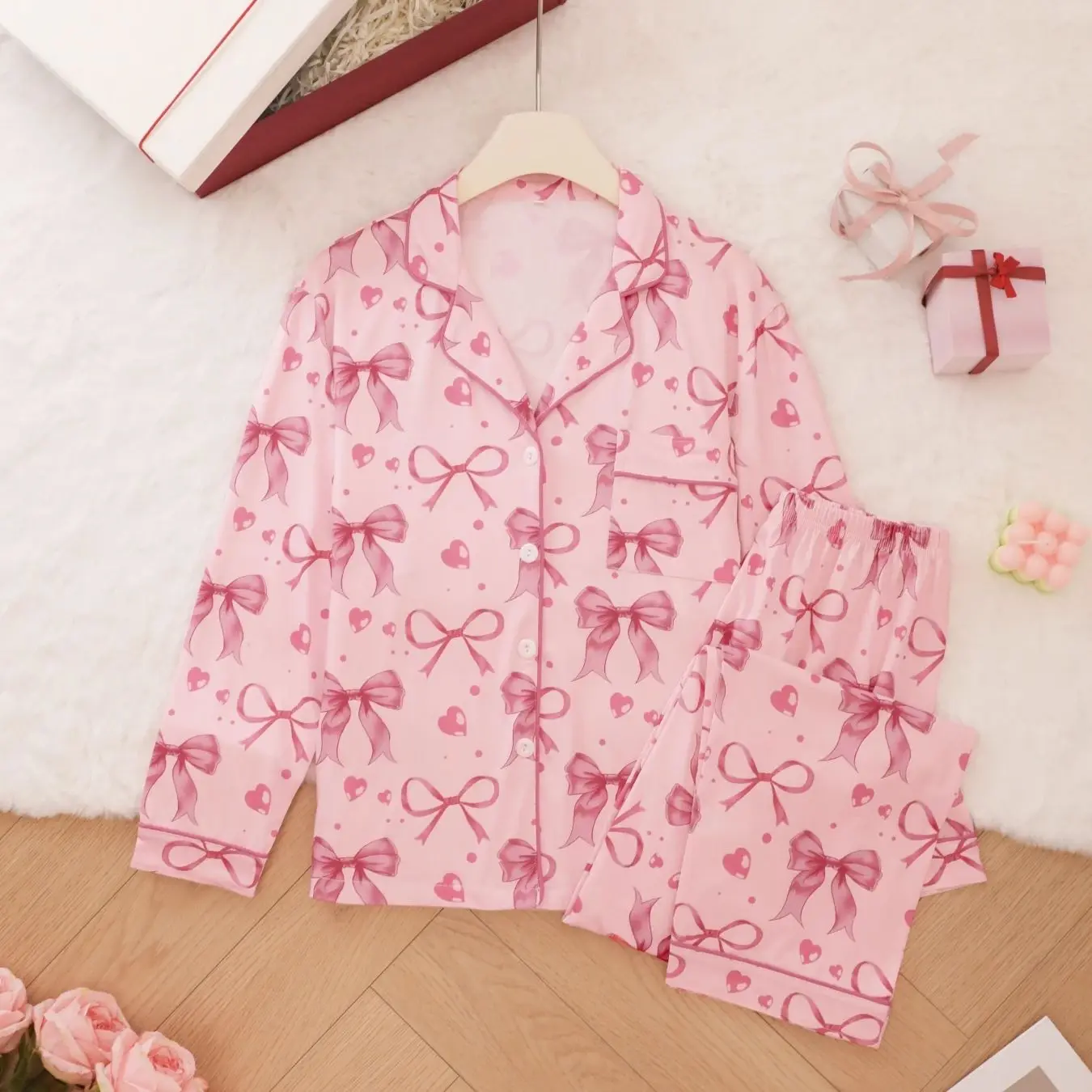 

Cute bow love printed pajamas foundation make-up women's lapel cardigan elastic waist trousers household two-piece set