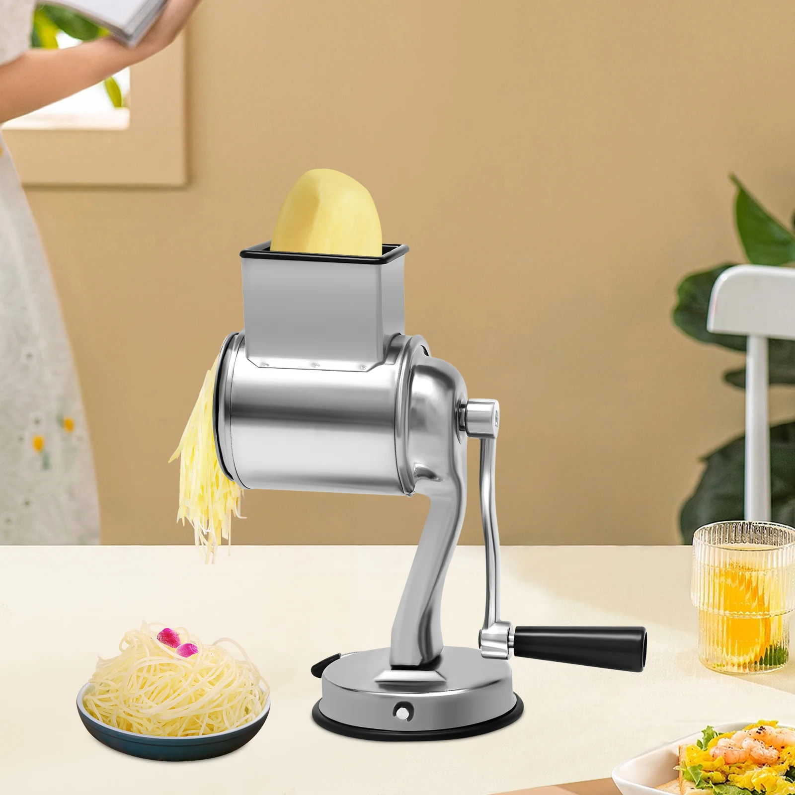 Broyeur rotatif alimentaire fixable de cuisine Bymaocr, broyeur de tranchage à tambour manuel d'hôtel à 5 lames en acier inoxydable, robot culinaire manuel