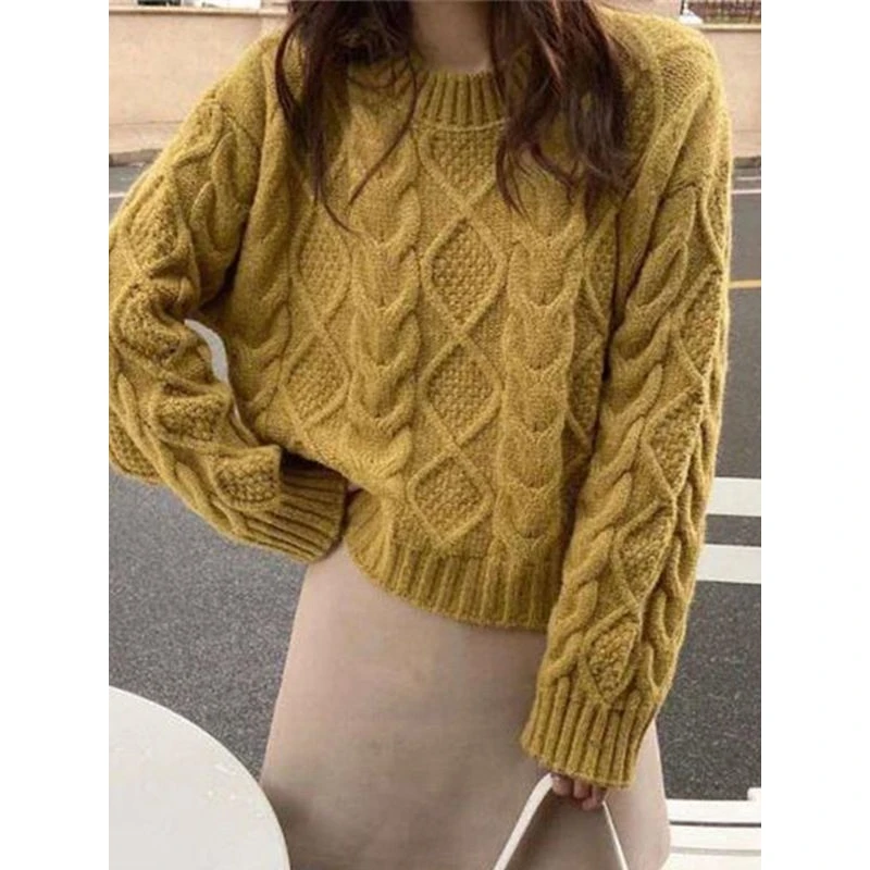 เสื้อไหมพรมถักลายปม ไหมเส้นใหญ่ ใส่เป็นเสื้อตัวใน สไตล์เกาหลี ญี่ปุ่น สำหรับฤดูใบไม้ร่วง ฤดูหนาว แฟชั่นผู้หญิง ทรงกลม คอวี