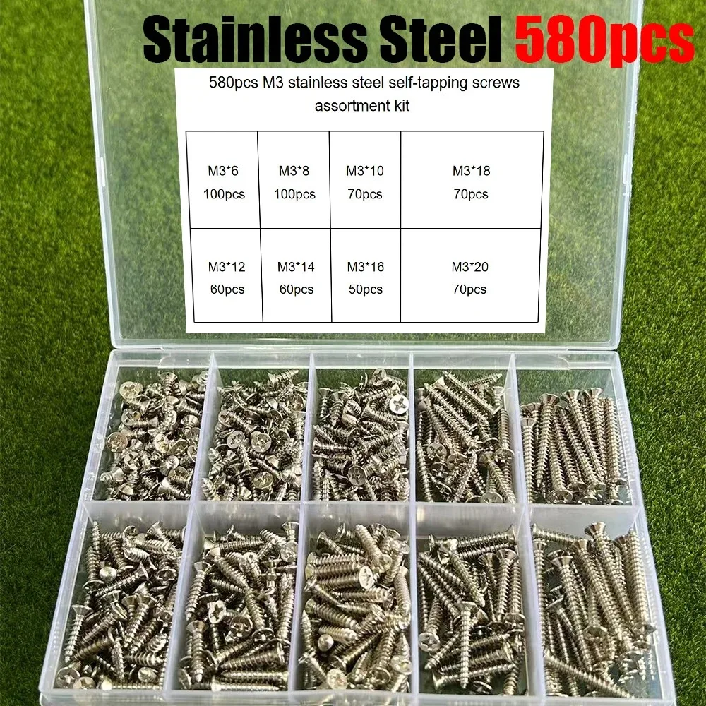 580-Piece M3 Stainless Steel Self-Tapping Screw Set, Wood Locking Screws, Home Maintenance Installation, Locking Wood and Metal