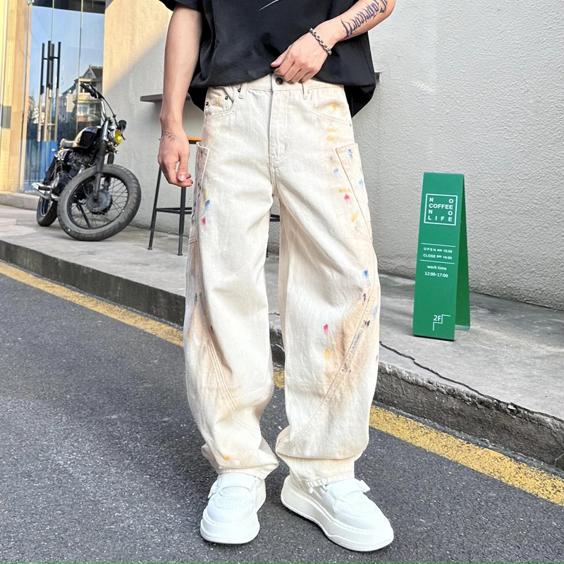 

New Straight Tube Loose High Street Trendy Brand Cool Pants With Design And Personalized Painted Curved Knife Jeans For Men