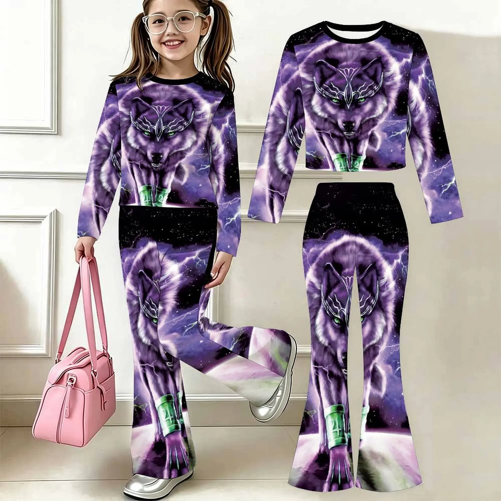 2pcs Children's Casual Pants Autumn Winter Girls' Trendy T-shirt Jogging Pants Slim Two-piece Set Fashion Bell-bottomed Pants