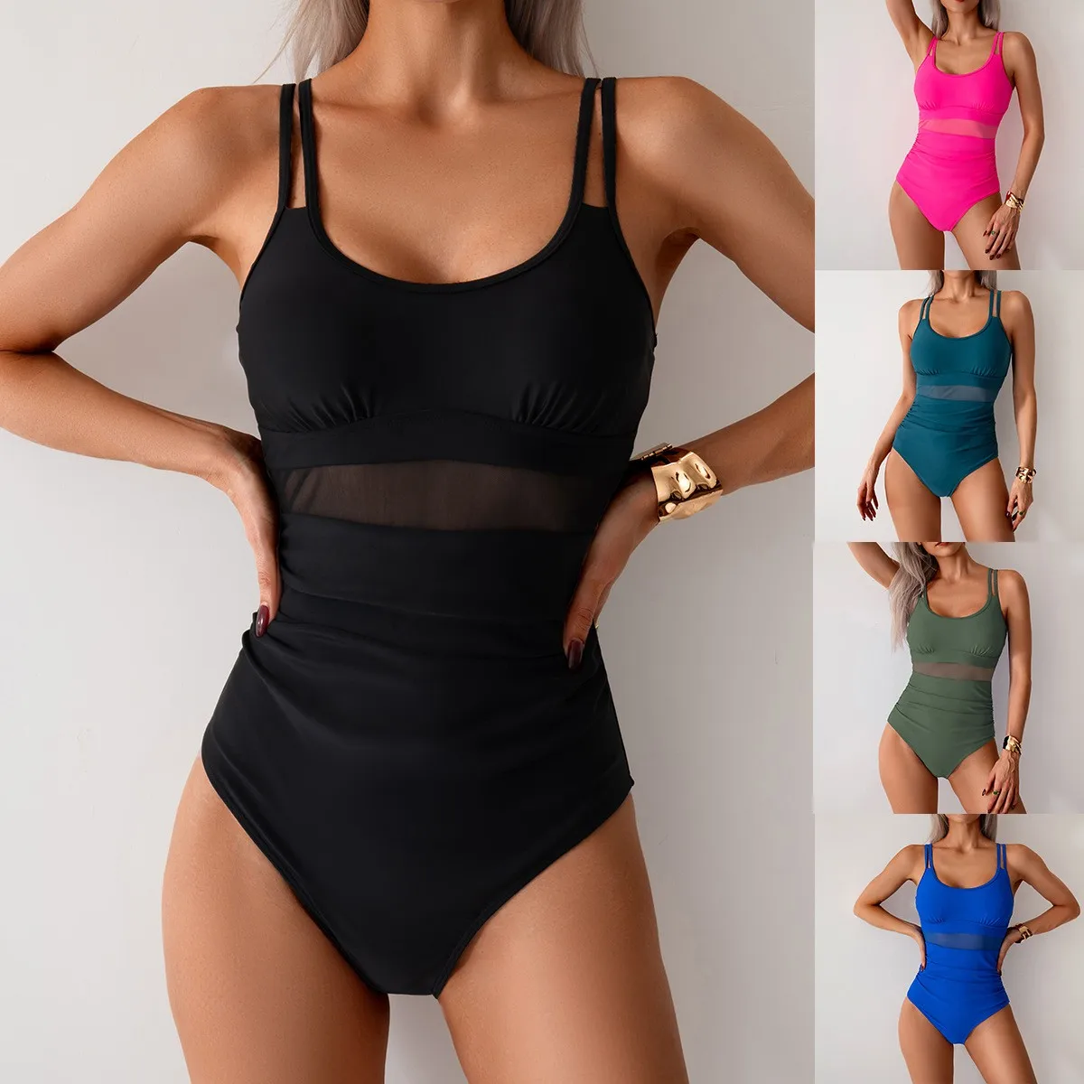 Swimwear Woman Swimsuit Solid Color One-Piece Swimsuit Ruched Waist Swimsuit High Cut Legs Black Bathing Suit Women's Thin